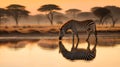 A zebra stands in water river, drinking at sunset, copy space. Generative AI Royalty Free Stock Photo