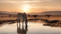 A zebra stands in water river, drinking at sunset, copy space. Generative AI Royalty Free Stock Photo