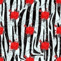 Zebra Stripes with red rose Florals Flowers Seamless Pattern. Zebra print, animal skin, tiger stripes, abstract pattern, line Royalty Free Stock Photo