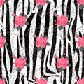 Zebra Stripes with red rose Florals Flowers Seamless Pattern. Zebra print, animal skin, tiger stripes, abstract pattern, line Royalty Free Stock Photo