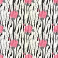 Zebra Stripes with red rose Flowers Seamless Pattern. Zebra print, animal skin, tiger stripes, abstract pattern, line background, Royalty Free Stock Photo