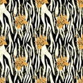 Zebra Stripes with yellow rose Florals Flowers Seamless Pattern. Zebra print, animal skin, tiger stripes, abstract pattern, line