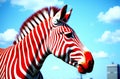 A zebra with unique red and white stripes under blue sky Royalty Free Stock Photo