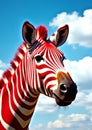 A zebra with unique red and white stripes under blue sky Royalty Free Stock Photo