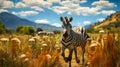 Zebra walking on grass field with mountain background , photo realistic, AI generated