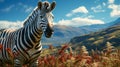 Zebra walking on grass field with mountain background , photo realistic, AI generated