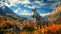 Zebra walking on grass field with mountain background , photo realistic, AI generated