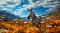 Zebra walking on grass field with mountain background , photo realistic, AI generated