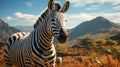 Zebra walking on grass field with mountain background , photo realistic, AI generated