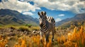 Zebra walking on grass field with mountain background , photo realistic, AI generated