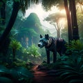 Zebra walking in the jungle at sunset. 3D rendering. AI generated