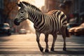 Zebra walking the urban streets. Generative AI image.