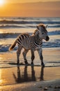 Young Zebra Foal Standing on Sandy Beach at Sunset, Beautiful Golden Light Reflecting on Water Royalty Free Stock Photo