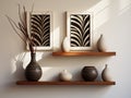 Zebra Wood Floating Shelf Shadowbox Frames and a Small Ceramic Item - AI Generated Royalty Free Stock Photo