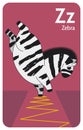 Zebra Z letter. A-Z Alphabet collection with cute cartoon animals in 2D. Zebra standing on its front legs. Striped zebra