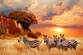 Zebras in the African savanna against the backdrop of beautiful sunset. Serengeti National Park. Tanzania. Africa Royalty Free Stock Photo