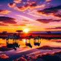 Zebras in the African Savanna Against the Backdrop of Beautiful Sunset - Serengeti National Park, Tanzania