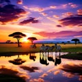 Zebras in the African Savanna Against the Backdrop of Beautiful Sunset - Serengeti National Park, Tanzania