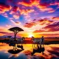 Zebras in the African Savanna Against the Backdrop of Beautiful Sunset - Serengeti National Park, Tanzania