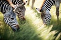 zebras casting shadows on sunlit grass