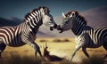 2 zebras fighting in the savanna in Africa with blurred mountain background, generative AI Royalty Free Stock Photo