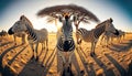 A herd of zebras at the camera, generative AI