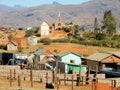 Village Madagascar with Zebu market Ambalavao and houses and church