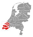 Zeeland red highlighted in map of Netherlands