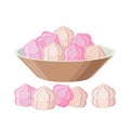 Zefir in bowl - vector illustration isolated on white background. Marshmallow pile.
