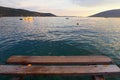 Zelenika, Herceg Novi, Montenegro, 08.13.2022 Pier, wooden walkways leading into the water. Sea evening landscape. Ships Royalty Free Stock Photo
