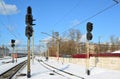 Zelenograd, Russia - February 27. 2016. Traffic lights at railway station Kryukovo