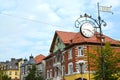 ZELENOGRADSK, RUSSIA. Decorative street hours against the background of the building of the German construction