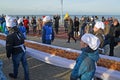 ZELENOGRADSK, RUSSIA. Male bakers bear sweet pie 18 meters long on the embankment. Festival of Krantsevsky pie