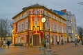 ZELENOGRADSK, RUSSIA. New Year`s decorations on a pre-war building. Resort Avenue. Kaliningrad region