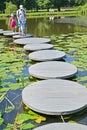 ZELENOGRADSK, RUSSIA. The family is walking along a decorative path above the water. Tortilin Pond, city park. Kaliningrad region