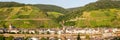 Zell an der Mosel town at Moselle river with vineyards wine panorama in Germany Royalty Free Stock Photo