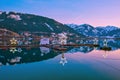 ZELL AM SEE, AUSTRIA - January 15th, 2020: Evening by Zeller lake, fountain with star lights in wintertime