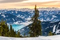 Zell am See at Zeller lake in winter. View from the Mountain Schmittenhohe, snowy slope of ski resort in the Alps Royalty Free Stock Photo