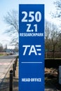 Zellik, Flemish Brabant, Belgium - Blue sign of the TAE automotive company at the Zellik Research park Royalty Free Stock Photo