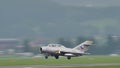 Cold war era fighter jet Soviet Russia made airplane take off. Panning