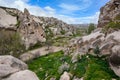 The Zelve Open Air Museum in Cappadocia, Turkey, has many sharp limestone mountains in the summer Royalty Free Stock Photo