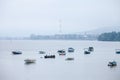 Zemun Quay Zemunski Kej in Belgrade, Serbia, on the Danube river, seen in autumn, during a foggy afternoon.