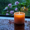 Zen ambiance aroma candle near window with raindrops in monsoon Royalty Free Stock Photo