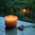 Zen ambiance aroma candle near window with raindrops in monsoon Royalty Free Stock Photo