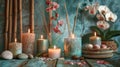 Zen Aromatherapy Essentials: Candles, Oil, Potpourri, Stones, Glass, Orchids, and Bamboo for a Serene Ambience Royalty Free Stock Photo