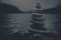 Zen Balancing Pebbles Misty Lake Stone Stack Tranquil Concept