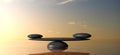 Zen balancing stones on water, sky on sunset background. 3d illustration