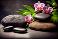 zen basalt stones and orchid flower on the black background. Generative AI Royalty Free Stock Photo