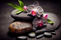 zen basalt stones and orchid flower on the black background. Generative AI Royalty Free Stock Photo