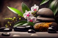 zen basalt stones and orchid flower on the black background. Generative AI Royalty Free Stock Photo